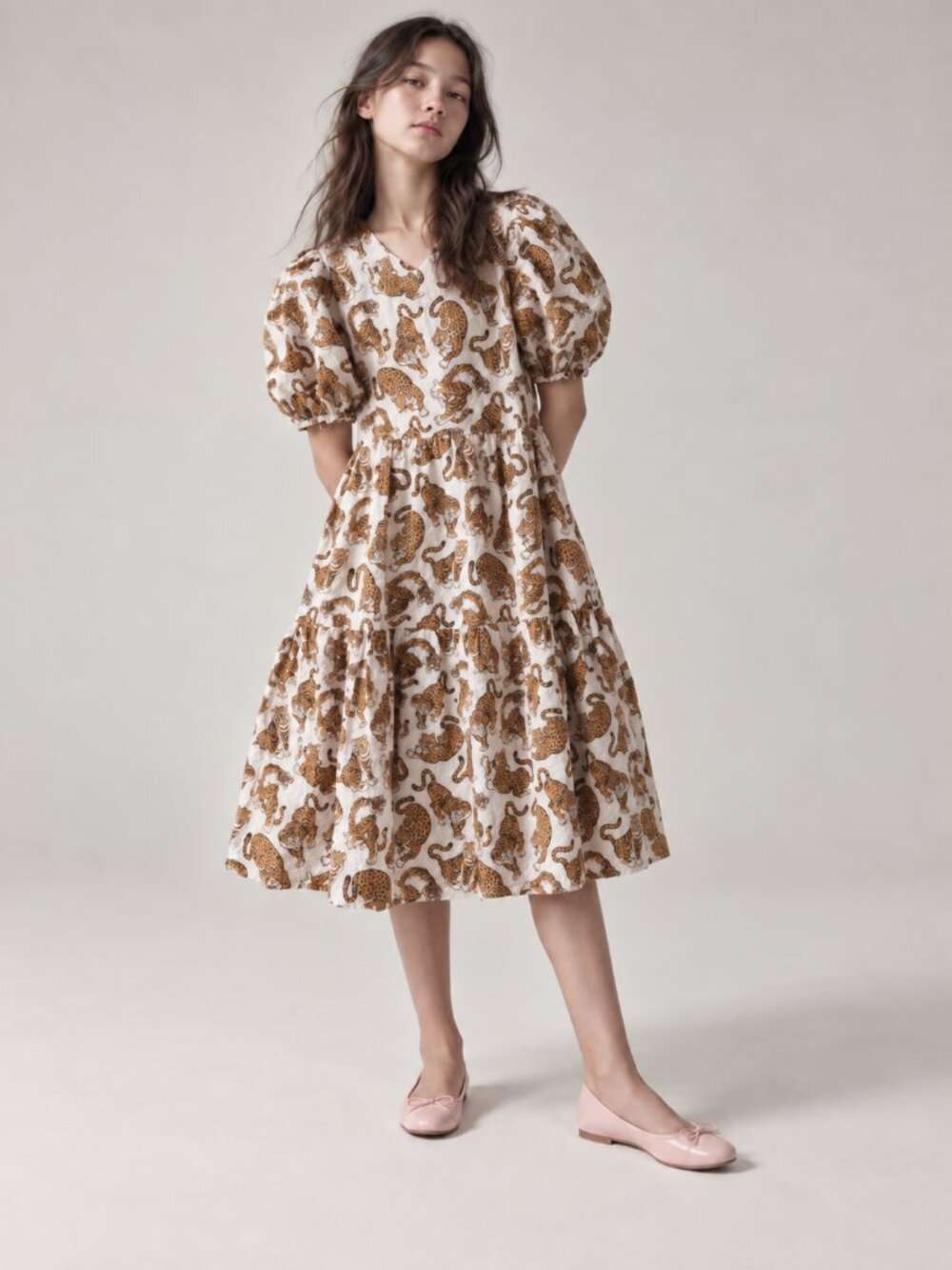 KENZO Kids Puff Sleeve Tiger Cheetah Print Designer 100% Cotton Girl's Dress